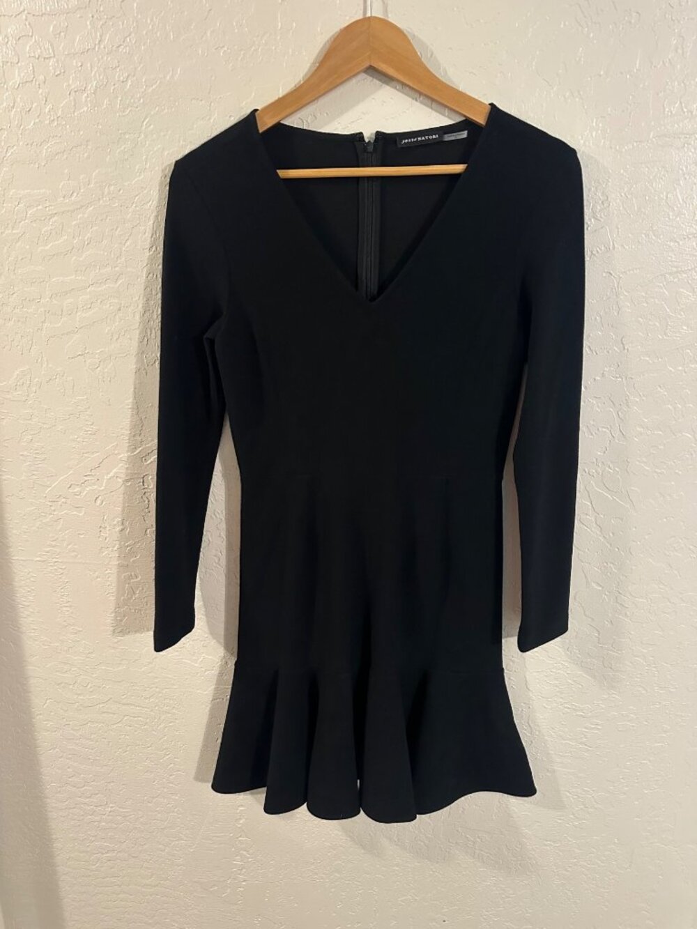 Josie Natori Knit Structured Flare Ruffle Hem V Neck Long Sleeved Fall Dress